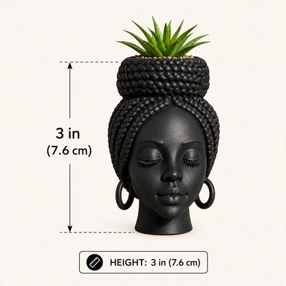 Mini African Braided Woman Head Planter, 3 Inch Matte Black Succulent Pot for Desk and Shelf Decor