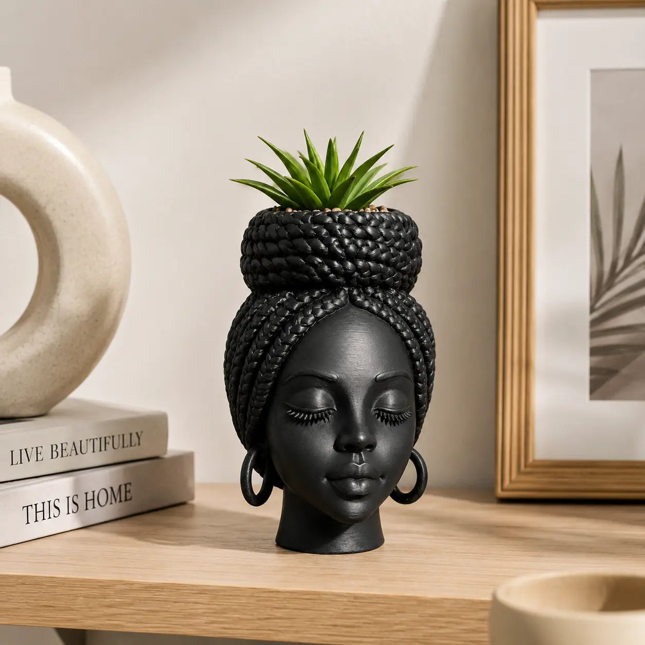 Mini African Braided Woman Head Planter, 3 Inch Matte Black Succulent Pot for Desk and Shelf Decor