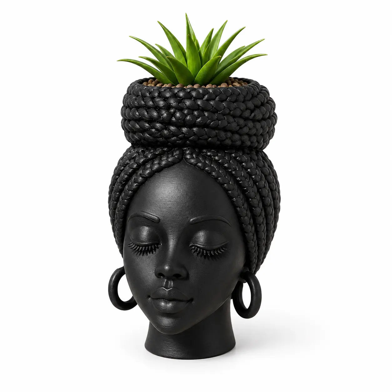 Mini African Braided Woman Head Planter, 3 Inch Matte Black Succulent Pot for Desk and Shelf Decor