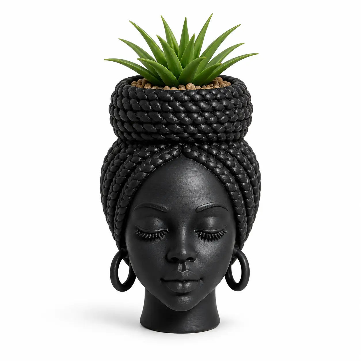 Mini African Braided Woman Head Planter, 3 Inch Matte Black Succulent Pot for Desk and Shelf Decor
