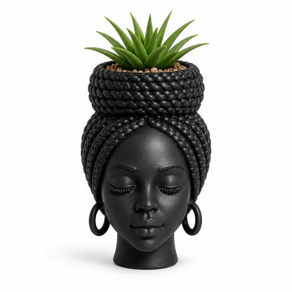 Mini African Braided Woman Head Planter, 3 Inch Matte Black Succulent Pot for Desk and Shelf Decor