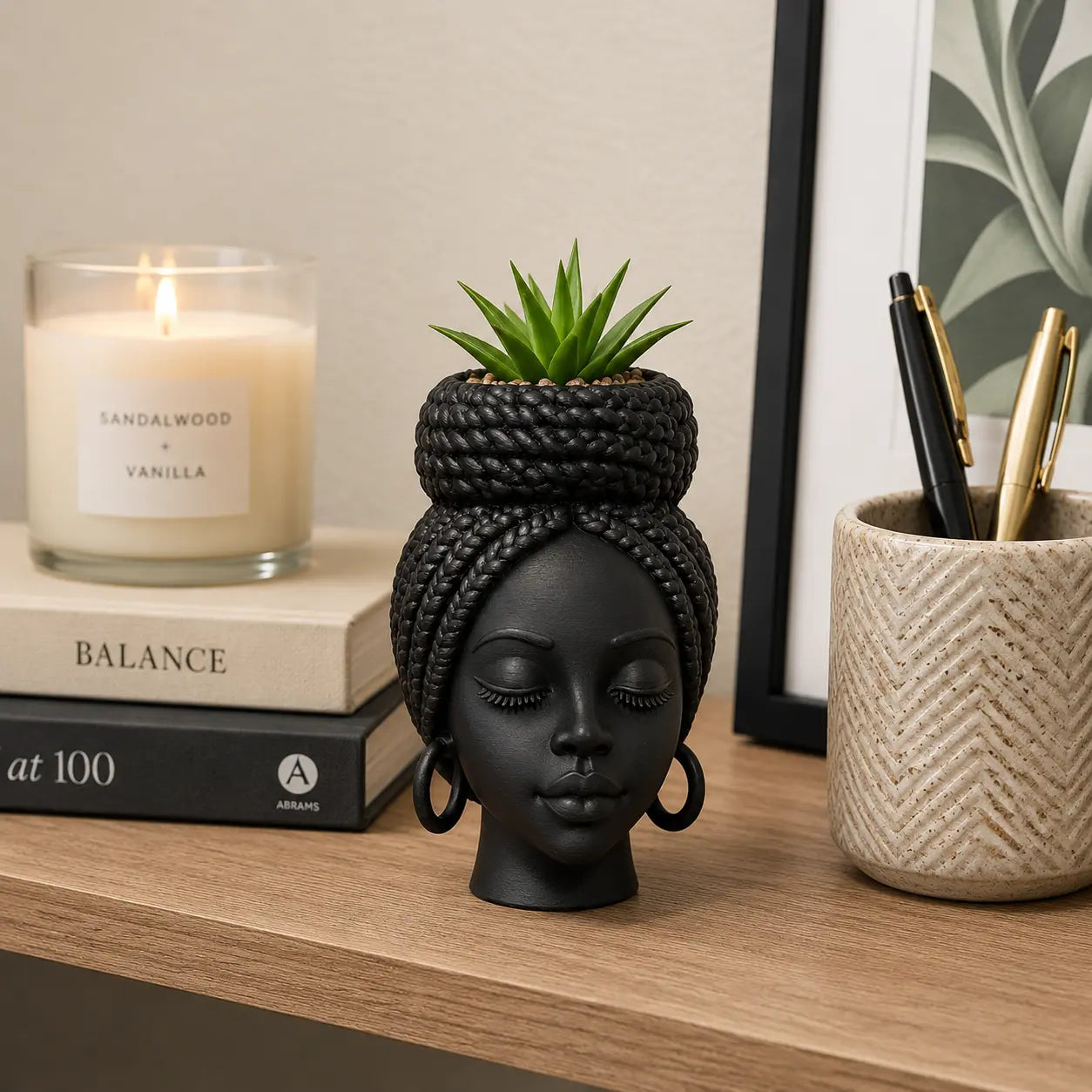Mini African Braided Woman Head Planter, 3 Inch Matte Black Succulent Pot for Desk and Shelf Decor