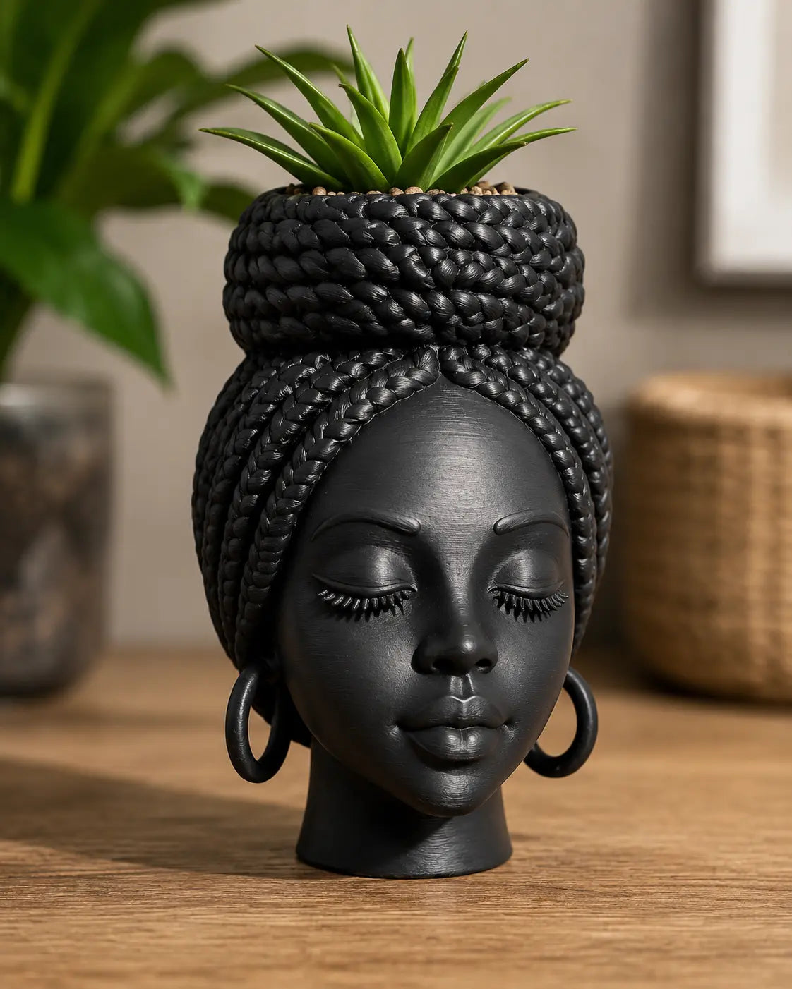 Mini African Braided Woman Head Planter, 3 Inch Matte Black Succulent Pot for Desk and Shelf Decor