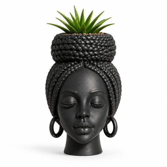 Mini African Braided Woman Head Planter, 3 Inch Matte Black Succulent Pot for Desk and Shelf Decor